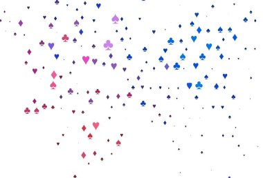 Açık mavi, kırmızı vektör, kumar sembolleriyle kaplı. Kalplerin, maça, sinek ve elmasların bulanık dekoratif tasarımı. Kumarhane reklamınız için akıllı tasarım.