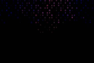 Koyu siyah vektör, kumar sembolleriyle kaplı. Renkli resimler, kalpler, maça, sinek, elmas. Poker oyunları ve etkinlikler broşürleri için desen.