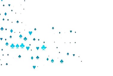 Kart elemanlarıyla hafif BLUE vektör düzeni. Kalplerin, maça, sinek ve elmasların işaretleriyle renkli bir değişim. Kumarhanelerin kartvizitleri için şablon.