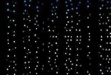 Kumarın sembolleriyle koyu mavi, sarı vektör örtüsü. Kalplerin, maça, sinek ve elmasların işaretleriyle renkli bir değişim. Poker oyunları ve etkinlikler broşürleri için desen.