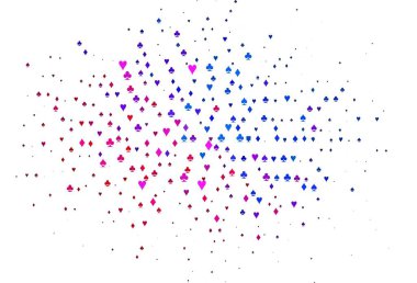 Açık mavi, kırmızı vektör, kumar sembolleriyle kaplı. Oyun kartlarının izole sembollerine sahip soyut çizimler. Kumarhanelerin kartvizitleri için şablon.