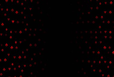 Koyu kırmızı vektör dokusu ve oyun kartları. Kalplerin, maça, sinek ve elmasların işaretleriyle renkli bir değişim. Poker oyunları ve etkinlikler broşürleri için desen.