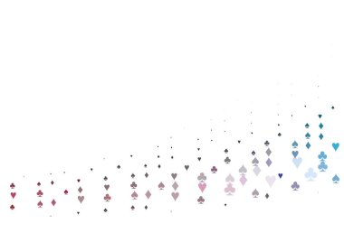 Açık mavi, kırmızı vektör, kumar sembolleriyle kaplı. Renkli resimler, kalpler, maça, sinek, elmas. Kumarhanelerin kartvizitleri için şablon.