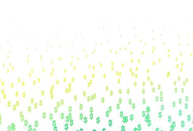 Açık yeşil, finansal sembollü sarı vektör dokusu. Beyaz şablona USD işaretleri iliştirilmiş. Kalıp reklam, poster ve ödemeler için pankart olarak kullanılabilir.
