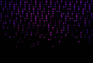 Kumar sembolleriyle kaplanmış koyu mor bir vektör. Kalplerin, maça, sinek ve elmasların işaretleriyle renkli bir değişim. Kumarhanelerin kartvizitleri için şablon.