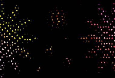Koyu kırmızı, iskambil kağıtlı sarı vektör dokusu. Kupa, maça, sinek ve elmasların olduğu bir resim. Vegas 'ta parti ilanları, etkinlikler.