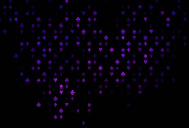 Koyu mor vektör düzeni ve kart elemanları. Oyun kartlarının izole sembollerine sahip soyut çizimler. Reklam, poster ve kumar siteleri için tasarım.