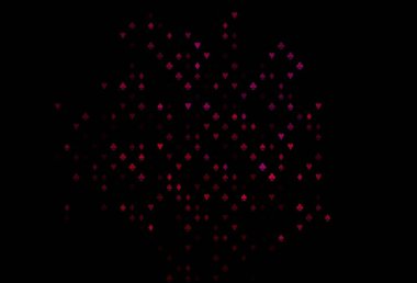 Koyu Mor, kart elementleriyle birlikte pembe vektör düzeni. Oyun kartlarının izole sembollerine sahip soyut çizimler. Poker oyunları ve etkinlikler broşürleri için desen.