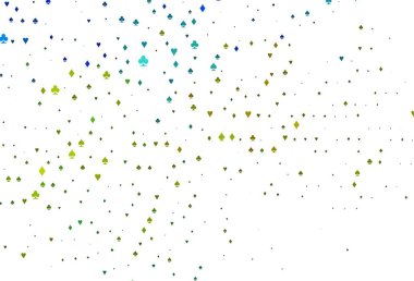 Açık mavi, kart işaretli sarı vektör arkaplan. Oyun kartlarının izole sembollerine sahip soyut çizimler. Kitapçıklar, kumarhanelerin broşürleri..