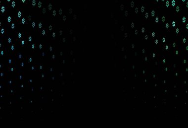Koyu mavi, finansal sembollü yeşil vektör dokusu. Bulanık tasarım ve USD sembolleri. Piyasa reklamları, krediler için şablon.