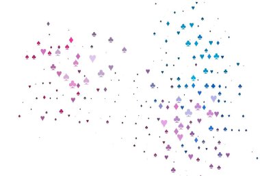 Açık mavi, poker sembollü kırmızı vektör şablonu. Kalplerin, maça, sinek ve elmasların bulanık dekoratif tasarımı. Kumarhanelerin kartvizitleri için şablon.