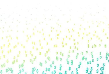 Açık yeşil, dolar ile sarı vektör arkaplan. Beyaz şablona USD işaretleri iliştirilmiş. Reklamınız, posteriniz, afişiniz için en iyi tasarım..