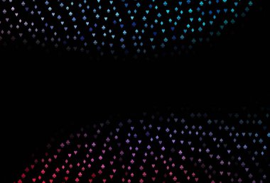 Koyu mavi, kırmızı vektör kapaklı, kumar sembollü. Kalplerle, maça, sinek ve elmaslarla parlayan illüstrasyon. Vegas 'ta parti ilanları, etkinlikler.