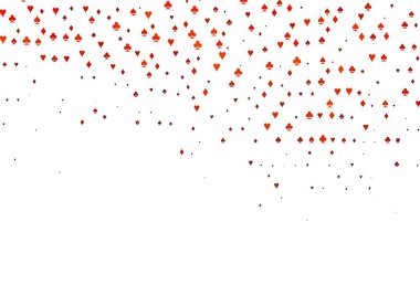İskambil kağıtlarıyla açık turuncu vektör dokusu. Kalplerin, maça, sinek ve elmasların işaretleriyle renkli bir değişim. Kumarhane reklamınız için akıllı tasarım.