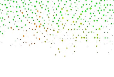 Açık yeşil, poker sembollü kırmızı vektör şablonu. Kalplerle, maça, sinek ve elmaslarla parlayan illüstrasyon. Poker oyunları ve etkinlikler broşürleri için desen.