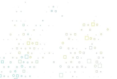 Açık mavi, üzerinde noktalar, noktalar, küpler olan sarı vektör arkaplanı. Küplerle, dairelerle soyut çizimler. Marka kitabın için tamamen yeni bir şablon.