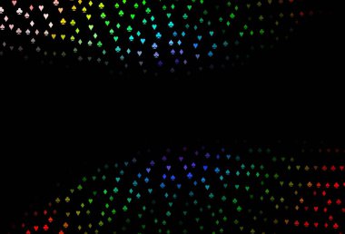 Koyu renkli, iskambil kağıtlı Gökkuşağı vektör dokusu. Kalplerin, maça, sinek ve elmasların işaretleriyle renkli bir değişim. Reklam, poster ve kumar siteleri için tasarım.