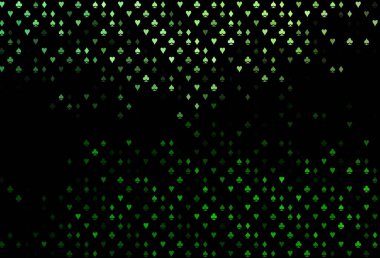 Poker sembollü koyu yeşil vektör şablonu. Kalplerle, maça, sinek ve elmaslarla parlayan illüstrasyon. Kitapçıklar, kumarhanelerin broşürleri..