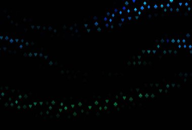 Koyu mavi, içinde poker sembolleri olan yeşil vektör şablonu. Kalplerle, maça, sinek ve elmaslarla parlayan illüstrasyon. Vegas 'ta parti ilanları, etkinlikler.