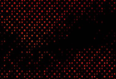 Koyu turuncu vektör düzeni ve kart elemanları. Kalplerin, maça, sinek ve elmasların bulanık dekoratif tasarımı. Kumarhane reklamınız için akıllı tasarım.