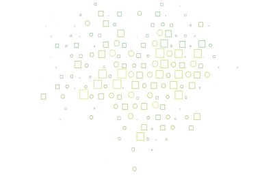 Açık yeşil, noktalı sarı vektör şablonu, dikdörtgenler. Küplerle, dairelerle soyut çizimler. Reklamlar, broşürler için desen.