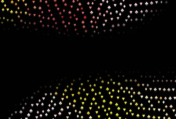 Koyu pembe, sarı vektör desenli, kart sembollü. Kupa, maça, sinek ve elmasların olduğu bir resim. Kumarhane reklamınız için akıllı tasarım.