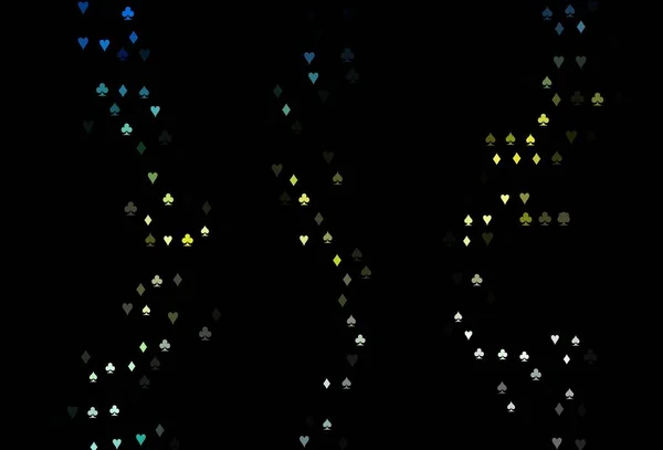 ダークブルー カードの要素を持つ黄色のベクトルレイアウト ハート スペード クラブ ダイヤモンドの兆候とカラフルなグラデーション ポーカーゲーム イベントのチラシのパターン — ストックベクタ