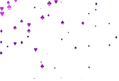 Açık Mor, kart sembollü pembe vektör deseni. Kalplerin, maça, sinek ve elmasların işaretleriyle renkli bir değişim. Kumarhanelerin kartvizitleri için şablon.