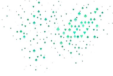 İskambil kağıtlı açık yeşil vektör dokusu. Oyun kartlarının izole sembollerine sahip soyut çizimler. Kitapçıklar, kumarhanelerin broşürleri..