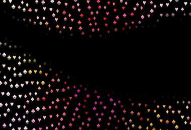 Koyu kırmızı, poker sembollü sarı vektör şablonu. Kalplerin, maça, sinek ve elmasların işaretleriyle renkli bir değişim. Kumarhanelerin kartvizitleri için şablon.