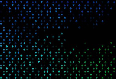 Koyu mavi, yeşil vektör örtüsü ve kumar sembolleri. Oyun kartlarının izole sembollerine sahip soyut çizimler. Kumarhanelerin kartvizitleri için şablon.