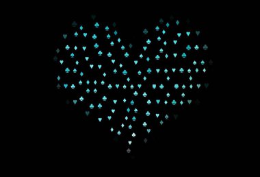 Koyu mavi, kart işaretli yeşil vektör arkaplan. Kalplerle, maça, sinek ve elmaslarla parlayan illüstrasyon. Kitapçıklar, kumarhanelerin broşürleri..