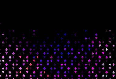 Koyu pembe, kumar sembolleriyle kaplı mavi vektör örtüsü. Kalplerle, maça, sinek ve elmaslarla parlayan illüstrasyon. Kumarhanelerin kartvizitleri için şablon.