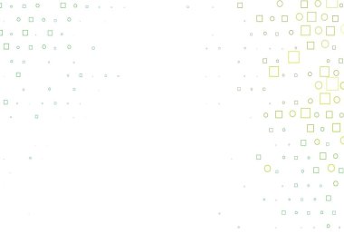 Disklerle, dikdörtgenlerle açık yeşil vektör dokusu. Küplerle, dairelerle soyut çizimler. Reklamlar, broşürler için desen.