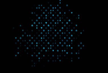 Kumarın sembolleriyle koyu mavi vektör örtüsü. Oyun kartlarının izole sembollerine sahip soyut çizimler. Vegas 'ta parti ilanları, etkinlikler.