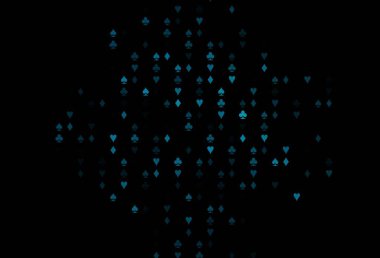 Kumarın sembolleriyle koyu mavi vektör örtüsü. Kalplerin, maça, sinek ve elmasların işaretleriyle renkli bir değişim. Poker oyunları ve etkinlikler broşürleri için desen.