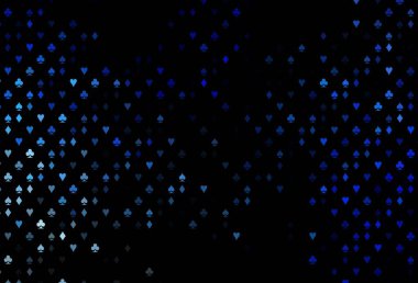 Oyun kartlarıyla koyu mavi vektör dokusu. Kalplerle, maça, sinek ve elmaslarla parlayan illüstrasyon. Poker oyunları ve etkinlikler broşürleri için desen.
