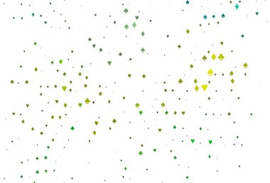 Açık yeşil, iskambil kağıtlı sarı vektör dokusu. Oyun kartlarının izole sembollerine sahip soyut çizimler. Kumarhane reklamınız için akıllı tasarım.