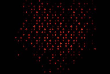 Koyu turuncu vektör arkaplanı ve kart işaretleri. Kalplerin, maça, sinek ve elmasların bulanık dekoratif tasarımı. Poker oyunları ve etkinlikler broşürleri için desen.