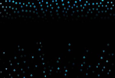 Poker sembollü koyu mavi vektör şablonu. Kalplerle, maça, sinek ve elmaslarla parlayan illüstrasyon. Kumarhanelerin kartvizitleri için şablon.