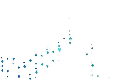 Kart işaretli hafif BLUE vektör arkaplanı. Kalplerin, maça, sinek ve elmasların işaretleriyle renkli bir değişim. Poker oyunları ve etkinlikler broşürleri için desen.