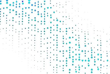 Açık mavi, içinde poker sembolleri olan yeşil vektör şablonu. Oyun kartlarının izole sembollerine sahip soyut çizimler. Kumarhanelerin kartvizitleri için şablon.