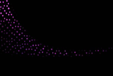 Kart işaretli koyu pembe vektör arkaplan. Kalplerin, maça, sinek ve elmasların işaretleriyle renkli bir değişim. Kumarhane reklamınız için akıllı tasarım.