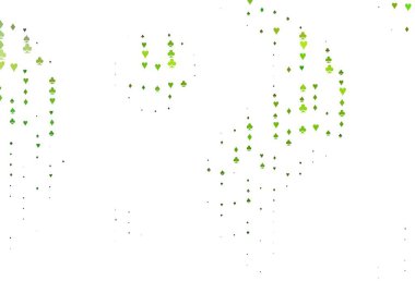 Kart işaretli açık yeşil vektör arkaplanı. Kalplerin, maça, sinek ve elmasların işaretleriyle renkli bir değişim. Vegas 'ta parti ilanları, etkinlikler.