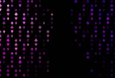Koyu mor vektör düzeni ve kart elementleri. Kalplerin, maça, sinek ve elmasların bulanık dekoratif tasarımı. Vegas 'ta parti ilanları, etkinlikler.