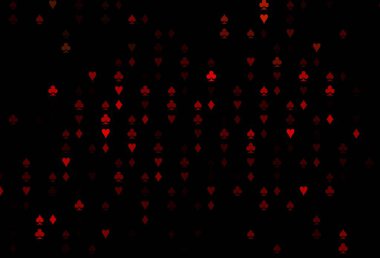 Koyu kırmızı vektör düzeni ve kart elemanları. Oyun kartlarının izole sembollerine sahip soyut çizimler. Vegas 'ta parti ilanları, etkinlikler.