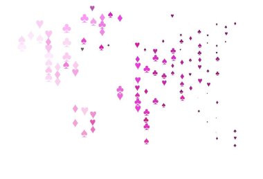 Kumarın sembolleriyle açık pembe vektör kaplaması. Kalplerin, maça, sinek ve elmasların işaretleriyle renkli bir değişim. Poker oyunları ve etkinlikler broşürleri için desen.
