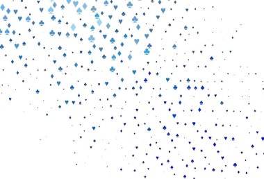 Kart sembollü açık mavi vektör deseni. Kalplerin, maça, sinek ve elmasların bulanık dekoratif tasarımı. Reklam, poster ve kumar siteleri için tasarım.