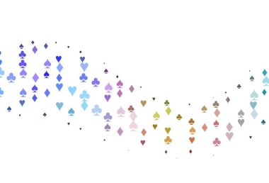 Açık Çokrenkli, kart işaretli Gökkuşağı vektör arkaplanı. Kupa, maça, sinek ve elmasların olduğu bir resim. Kumarhanelerin kartvizitleri için şablon.