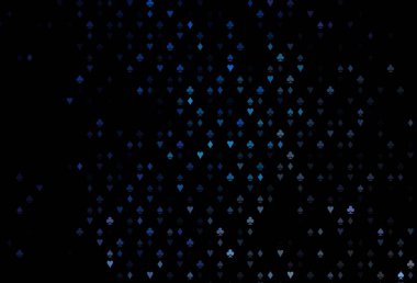 Koyu mavi kart işaretli vektör arkaplanı. Kupa, maça, sinek ve elmasların olduğu bir resim. Vegas 'ta parti ilanları, etkinlikler.